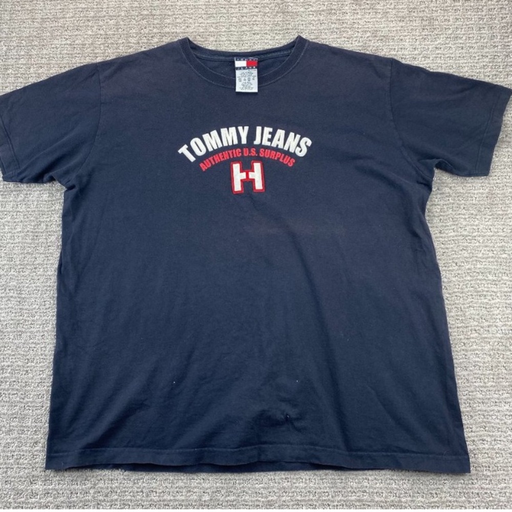 Vintage Tommy Jeans Shirt Men XL Faded Navy Blue Spell Out Felt Logo Hilfiger